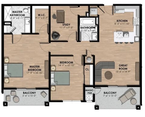 Floor plan for 2 beds, 2 baths, 1323 sqft